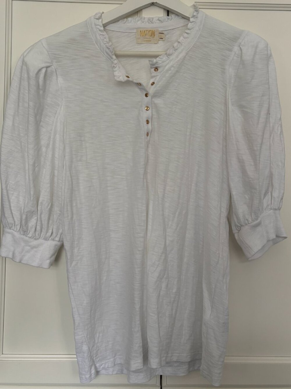 NATION - 100% Cotton white puff sleeve button down T shirt